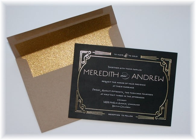 Minted foxtrot gold foil invitaitons with gold sparkly envelope insert