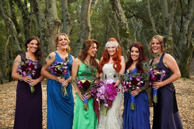 Peacock colored purple blue teal mismatched bridesmaids dresses