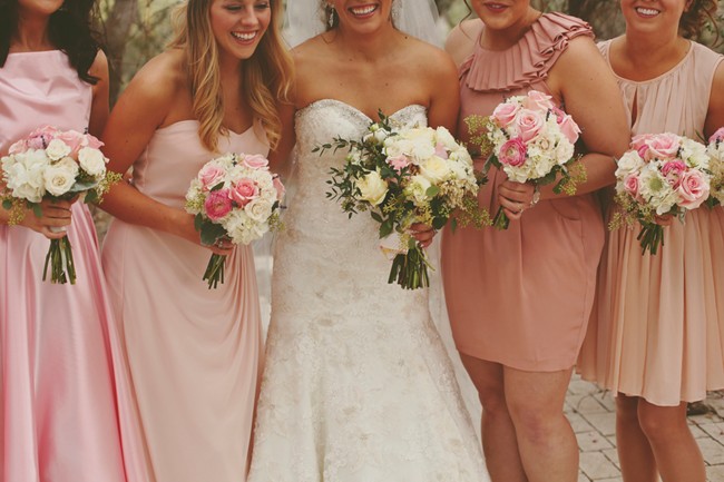 pink mismatched bridesmaids dresses with different necklines