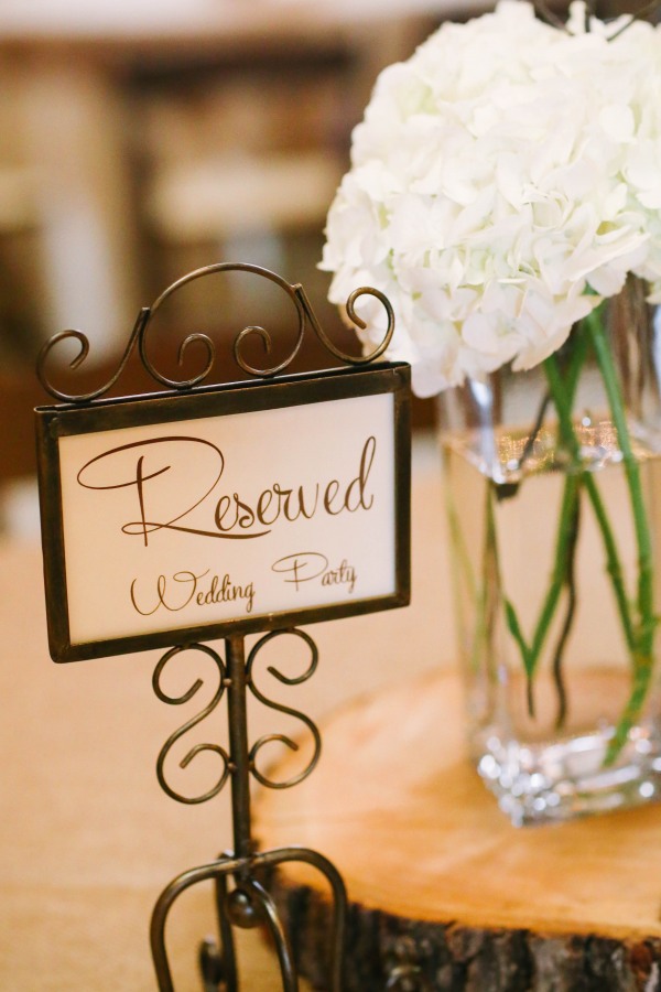 23 reserved sign on table with white hydrageas at Lindsey Plantation in Greer SC wedding reception