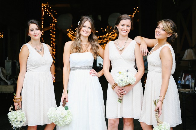 24 bride with bridesmaids in white and holding white hydrageas and wearing J Crew at Lindsey Plantation in Greer SC wedding