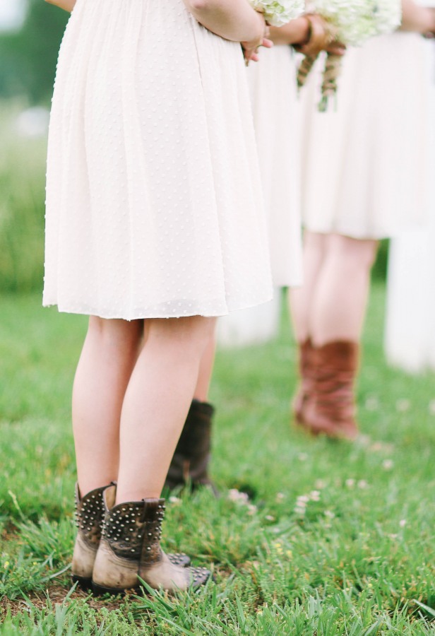 43 Bridemaids wearing cow boy boots at wedding ceremony at Lindsey Plantation in Greer SC