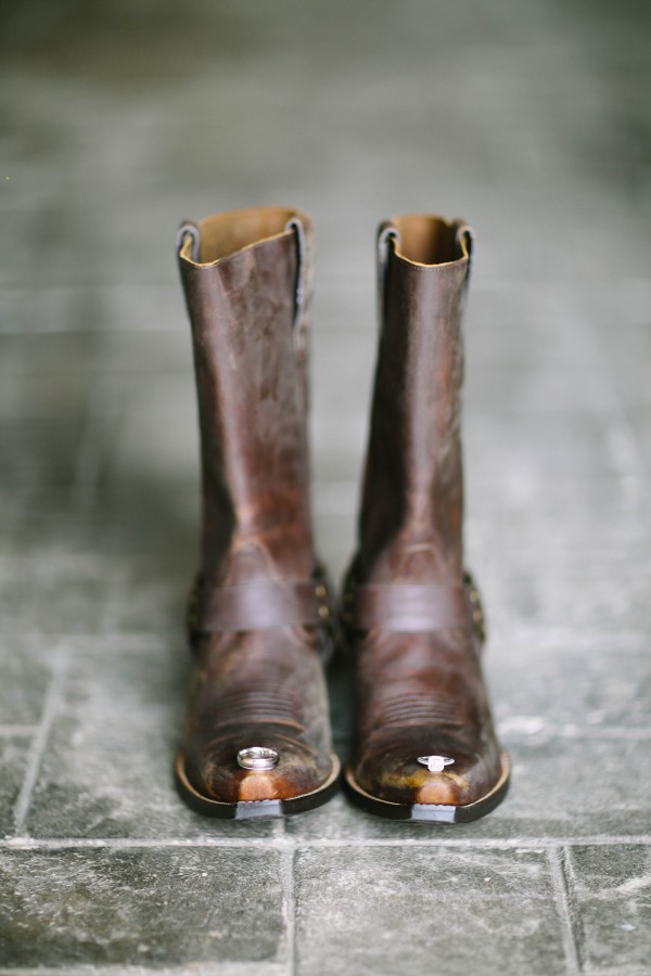 5 Cow boy boots and wedding rings places on the toes of the boot at Lindsey Plantation in Greer SC wedding