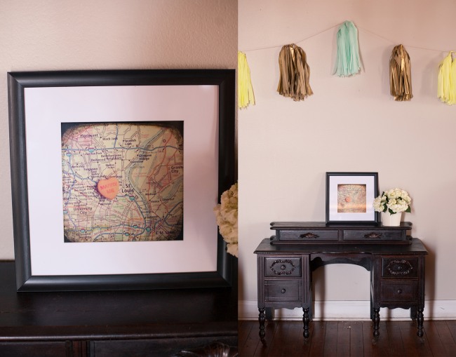 12 Black desk with a map of where the bride and groom met and green, yellow, gold fringe
