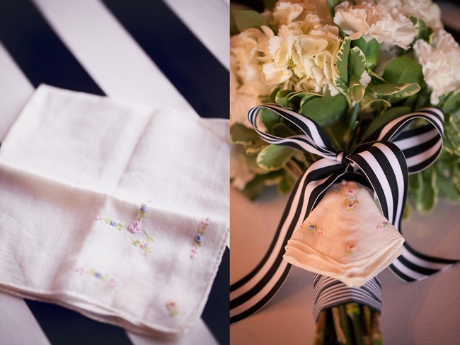 18 Bridal bouquet with white and black striped ribbon with hankercheif