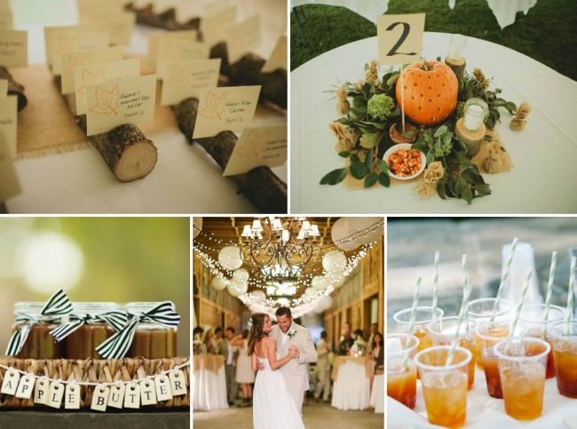 autumn wedding inspiration photos - pumpkin centerpiece, wood log table cards, homemade apple butter jars, and drinks