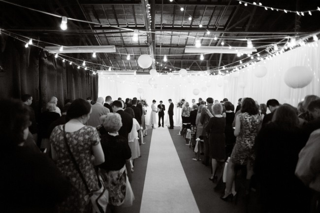 Food Truck Wedding Reception At Royal Oak Farmers Market Wedding Ceremony At Royal Oak Farmers Market White Aisle Runner And Lanterns Up Above