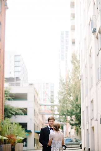 Bride and groom first look in downtown Seattle