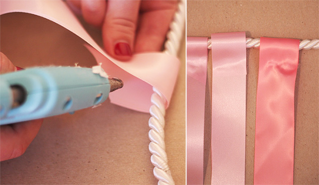 Using hot glue, glue ribbon around white cord