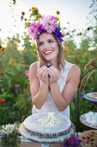 dahlia flower crown on model eating dessert