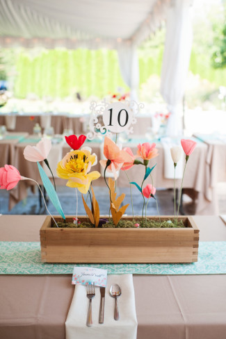 Wood square vase with paper flowers and table number for wedding reception center piece 