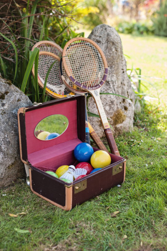 Badminton and boccee ball set for wedding guests to play at outdoor wedding