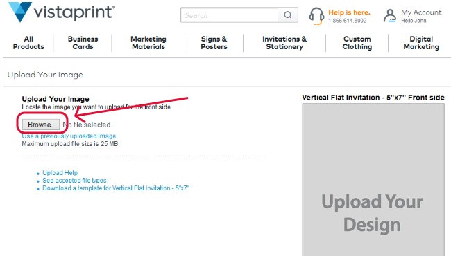 Vistaprint browse upload design