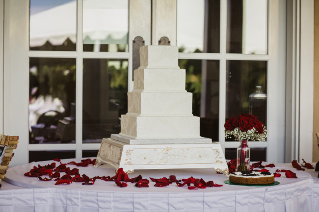 square wedding cake on platter