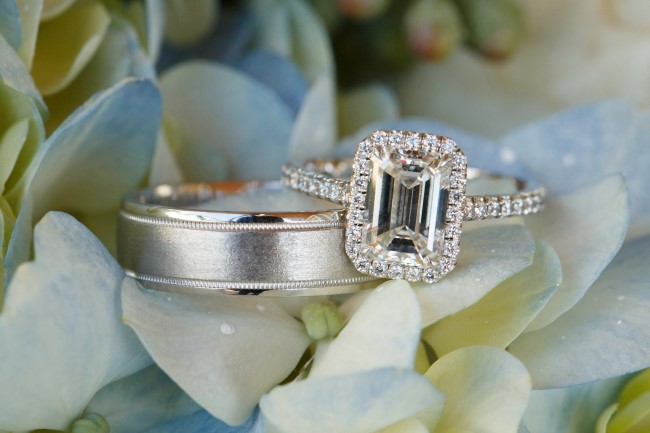 white gold man's wedding band and diamond engagement ring
