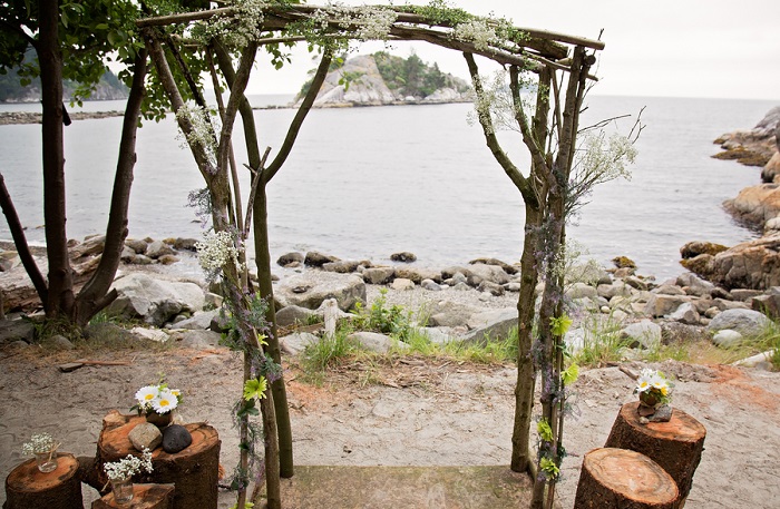 rustic outdoor wood and babys breath altar for wedding at Whytecliff Park