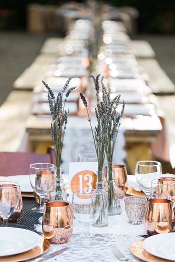 Outdoor wedding reception at Brander Vineyards with lavender, lace and copper touches 1
