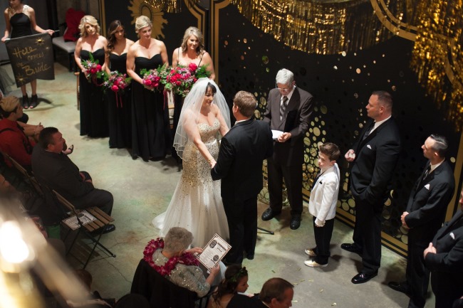 black wedding dress and bridesmaids