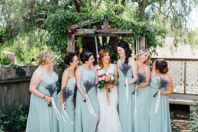 bridesmaids with lavender bouquets