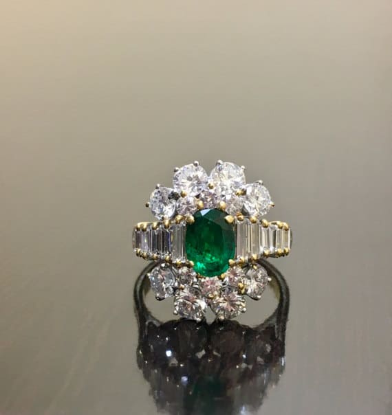 18K Yellow Gold Diamond Art Deco Emerald Engagement Ring