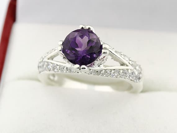 Natural VS purple Amethyst Solid 14K White Gold Diamond Ring