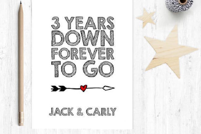 3rd wedding anniversary card custom anniversary card personalised anniversary card 3 years down forever to go 3rd anniversary card