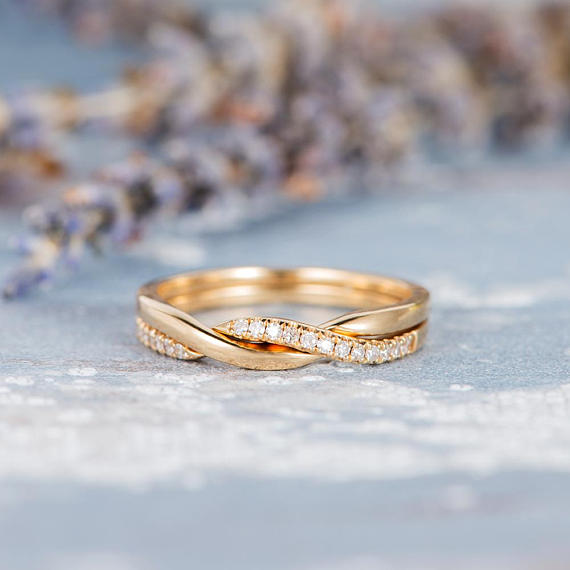 Wedding Ring Set Diamond Twist Eternity Band Gold Love Knot Minimalist Stacking Wave