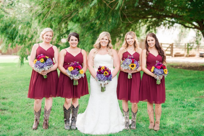knee length bridesmaid dresses and cowgirl boots