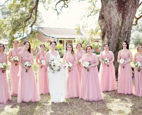 all bridesmaids in pink dresses
