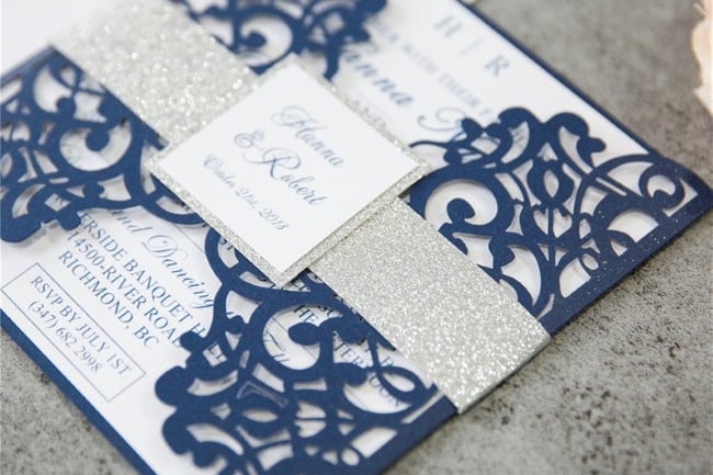 lace and Burlap Tri-fold with attached RSVP Deposit to get started All-N-One wedding Invitation Navy