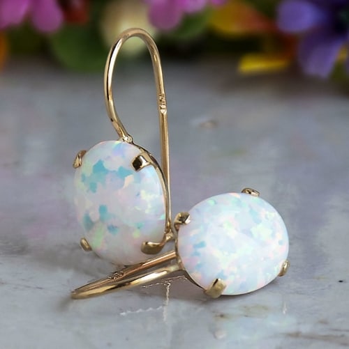 Gold Earrings with Opals for 14th anniversary gift