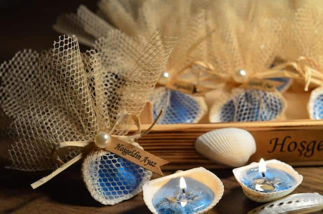 bougie gel coquillage favorise en toile de jute