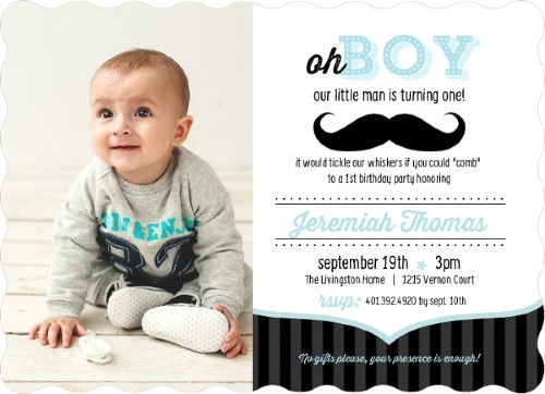 Moustache theme baby first birthday invitation