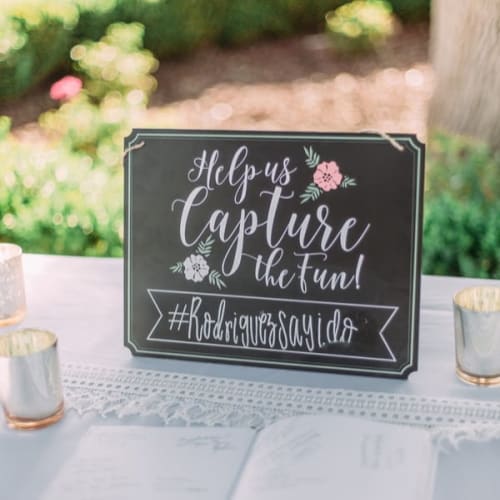 chalkboard wedding menu sign with hashtag