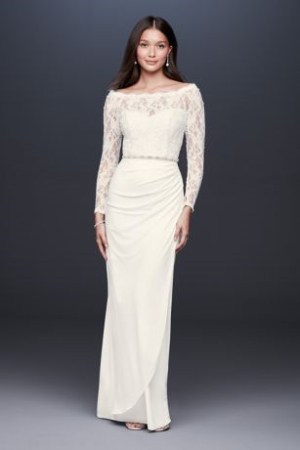 Off-the-Shoulder Long Sleeve Lace Draped Gown