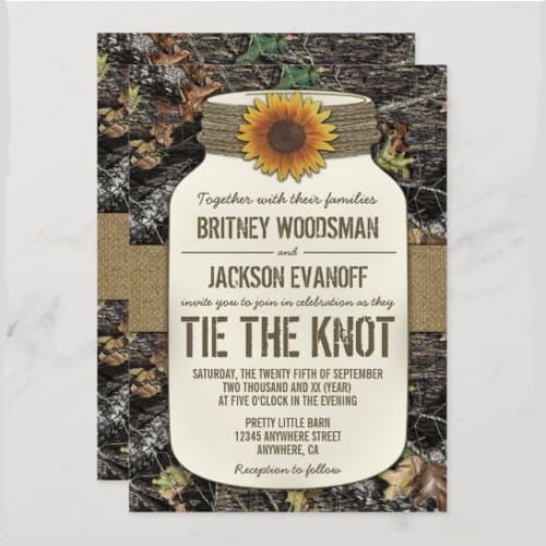 Camo Mason Jar with Sunflower Wedding Invite