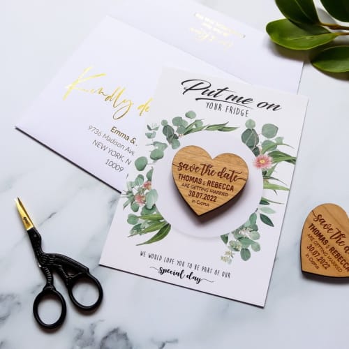 heart shaped wood save the date magnet