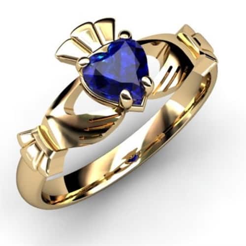 14k Solid Gold Claddagh Ring with Sapphire