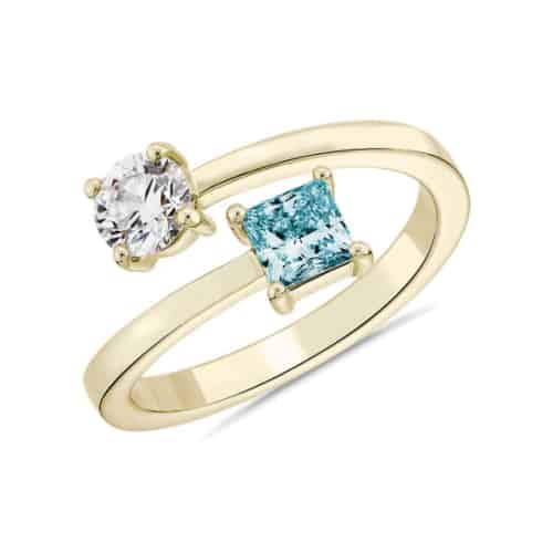 Lab-Grown Blue Diamond Round & Princess Bypass Ring 