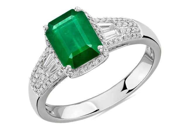 Emerald Ring with Diamond Baguette Accents