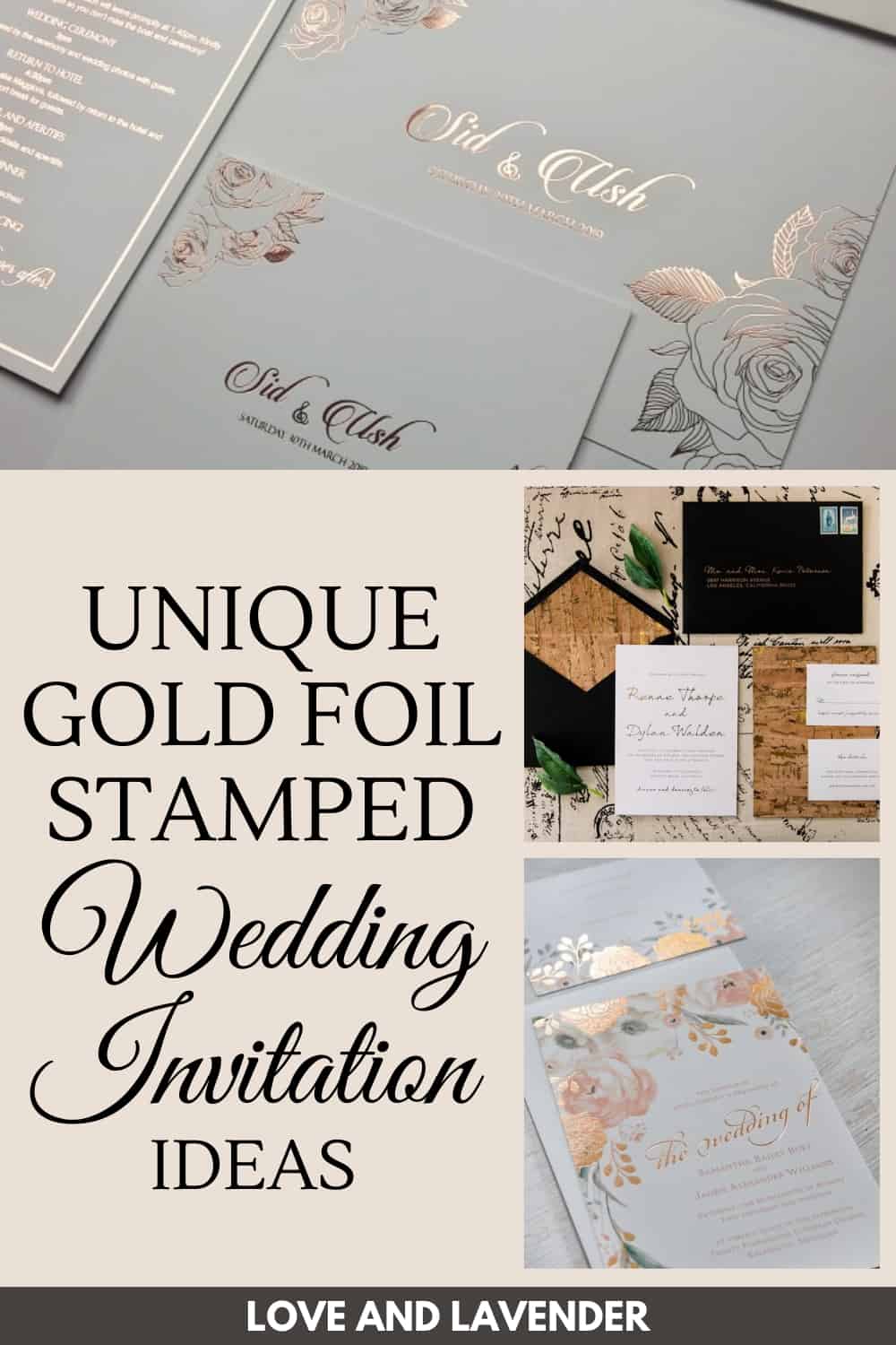 pinterest pin - gold foil wedding invites