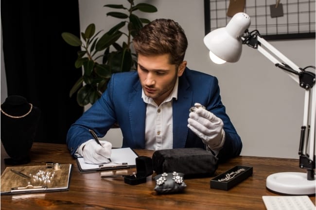 man wearing white gloves conducts jewelry appraisal
