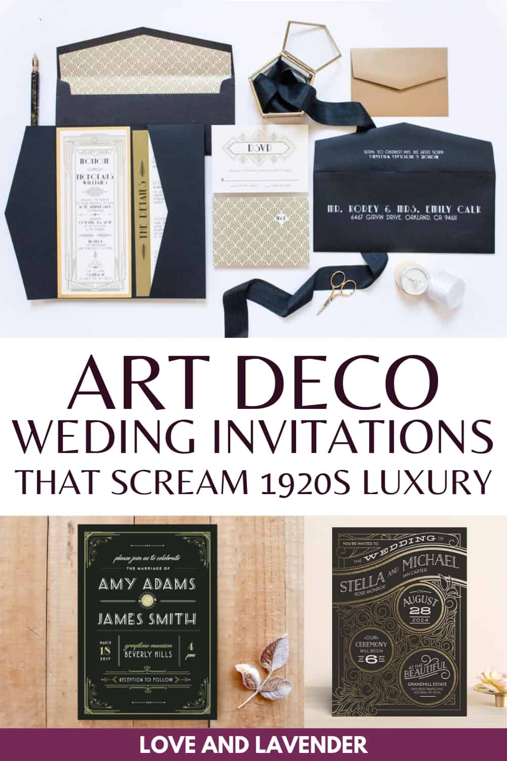 Pinterest pin - art deco wedding  invitation