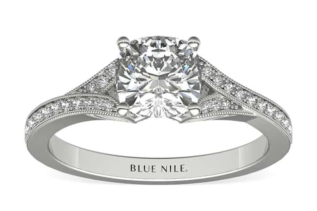 Milgrain and Pavé V-Shank Cushion Diamond Engagement Ring