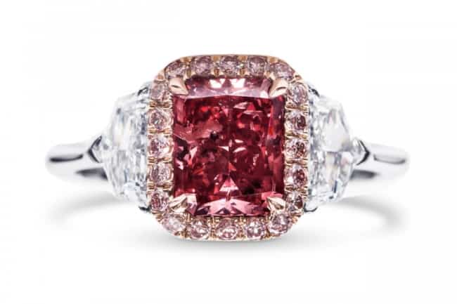 Purplish-Red Diamond Halo Side Stone Ring