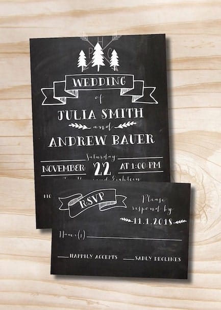 Rustic Pine Trees Chalkboard Style Wedding Invitation