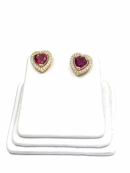 14 K Yellow Gold Ruby Diamond Heart shaped Earrings