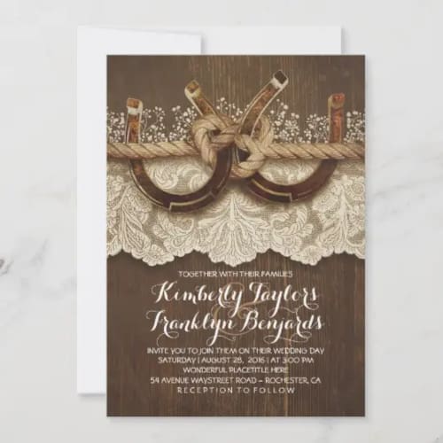 Horseshoes Lace Wood Rustic Country Wedding Invitation`