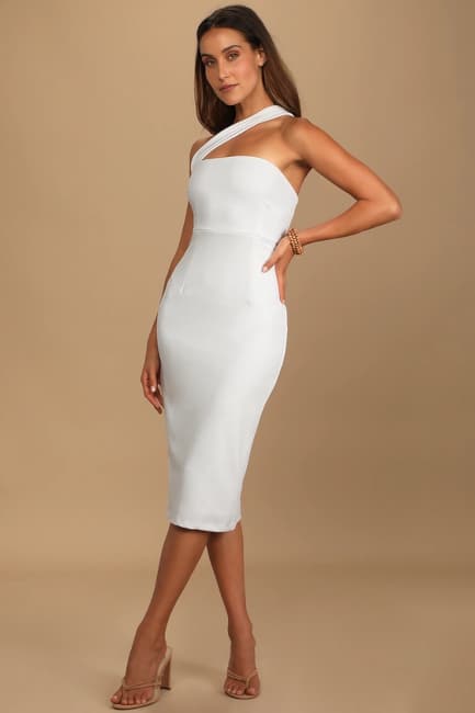 Ivory One-Shoulder Sleeveless Midi Dress