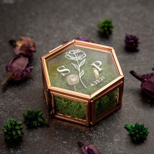 Rose Gold Hexagon Glass Ring Box with Moss